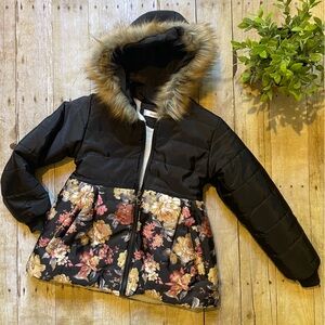 Floral Hooded Winter Jacket with Fur Trim size 130